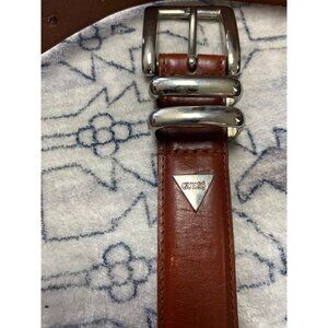 Vintage Guess Brown Genuine Leather Belt With Silver Buckle Mens Size 36